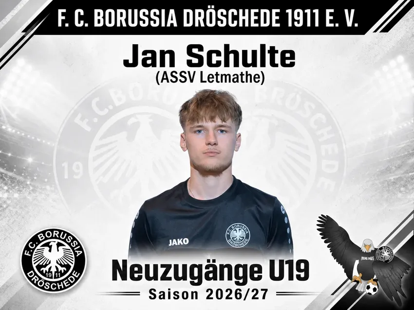 Herzlich Willkommen Jan! Wir freuen uns, Dich nächstes Jahr in Dröschede begrüßen zu dürfen.
„Mit großer Vorfreude blicke ich auf die kommende Saison in der U19 von Borussia Dröschede. Ich bin bereit für die Herausforderung und hochmotiviert, meinen Beitra