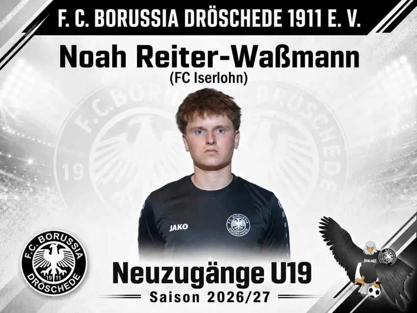 Weiterer Neuzugang vom FC Iserlohn. Auch mit Noah können wir einen weiteren talentierten Spieler für unsere U19 gewinnen! Wir freuen uns auf Dich! 
„Nach meiner langen
Zeit beim FC Iserlohn beginnt für mich nun eine neue Herausforderung in Dröschede.