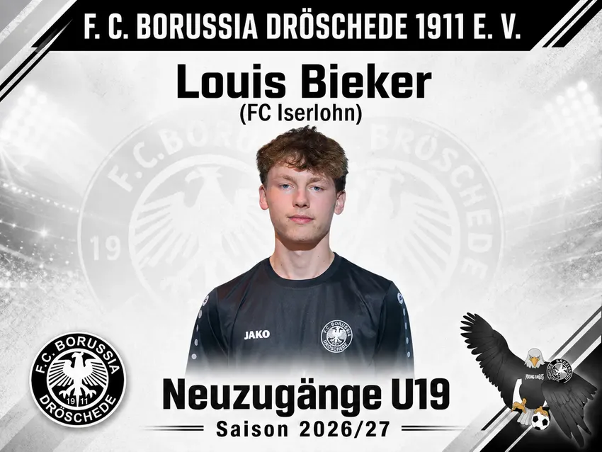 Mit Louis Bieker kommt ein souveräner, starker und gerngesehener Spieler zurück nach Dröschede aus der U19 Westfalenliga des FC Iserlohn. „Ich freue mich auf die Mannschaft
und wieder für Dröschede zu spielen.“